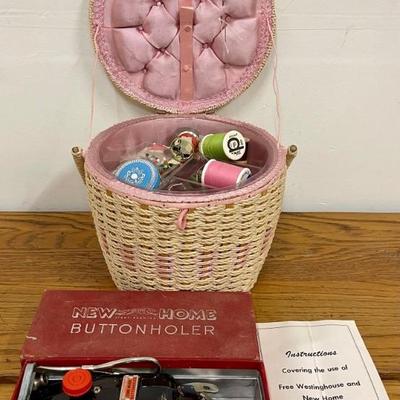 Westinghouse Buttonholer And Dritz Pink Wicker Sewing Basket With Accessories