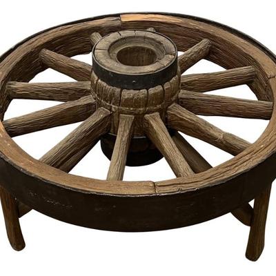 Antique Hand Made Wood And Cast Iron Wagon Wheel Table With Plexy Glass Top