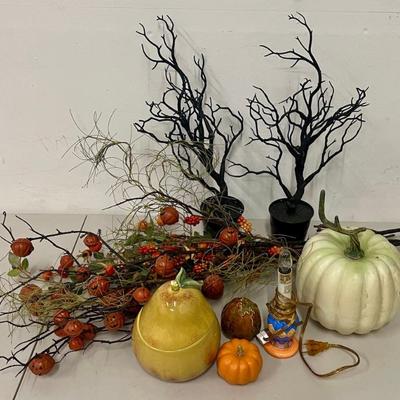 Fall Decor Lot - Faux Greenery With Metal Pumpkins, Black Glitter Trees, Resin And Ceramic Pumpkins, And More