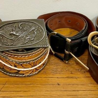 (5) Vintage Leather Belts With A USA Eagle Buckle, Hand Tooled Braided Hickok 36", And More