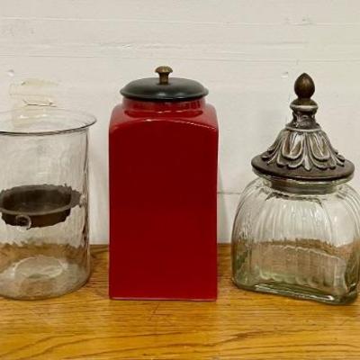 (3) Canisters - (1) Pier 1, And Glass Candle Holders With Metal Inserts