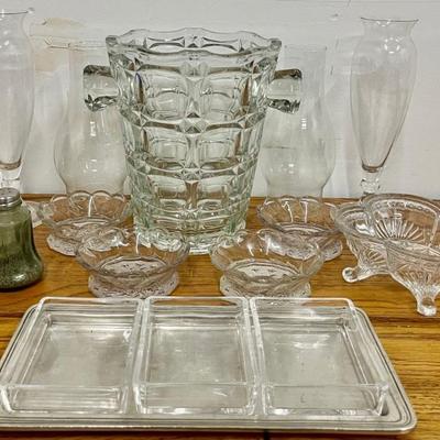 Vintage And Antique Clear Glass - Ice Bucket, Vases, Footed Bowl, Pewter Condiment Dish
