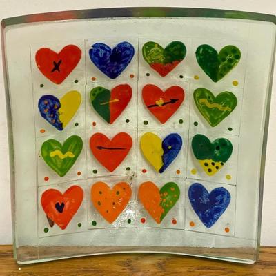 Art Glass Dish With Hand Painted Hearts