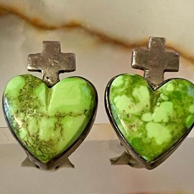Vintage Pair Of Sterling Silver Signed Natural Chrysoprase Green Heart Clip On Earrings DLM - 9.53 Grams 