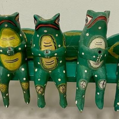 (5) Indonesian Hand Carved Frogs Sitting On Bench (As Is)