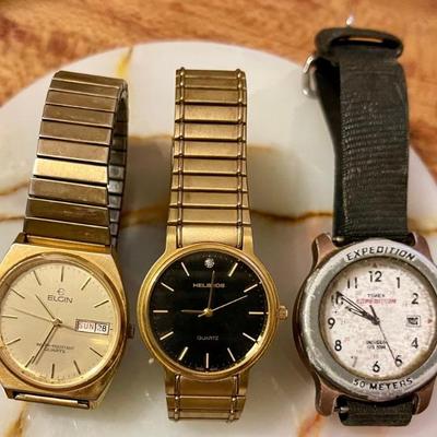 3 Vintage Men's Wrist Watches - Elgin Water Resistant Quartz - Helsbro Quartz & Timex Expedition Indiglo WR 50