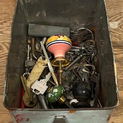 Vintage Metal Tobacco Tin With Assorted Keys And Trinkets - Skeleton Keys, Key Rings, Drawer Pulls, And More