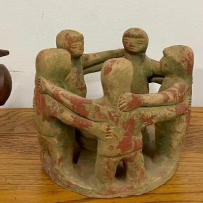 Pottery Candle Holder, Bronze Metal Cross, And Robert Shields Southwestern Figurine (as Is)