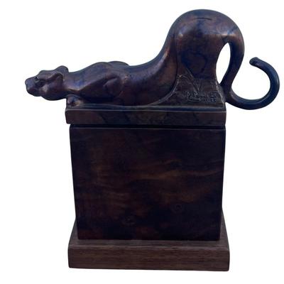 Small Bronze Panther On Wood Block Base Signed 10 Of 25