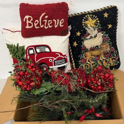Christmas Decor - (3) Pillows, Faux Greenery, Berry Clusters, And More