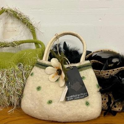 (3) Hand Made Bags - Loving Ewe Hand Knitted Wool, Salty Bag With Feathers, And Ireland Wool And Silk Felted