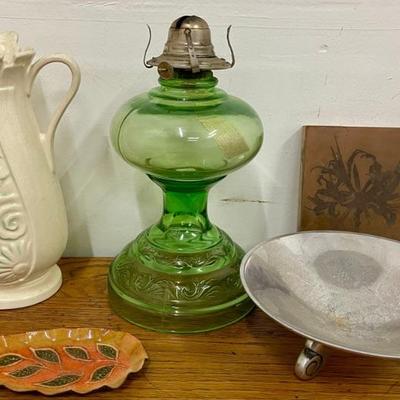 White Flame Light Co. Green Glass Oil Lamp, Weller Pitcher, Copper Stamp Art, Enamel Leaf Tray