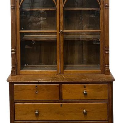 Antique Maple 2 Piece Glass Front Hutch With Brass Pulls (As Is)
