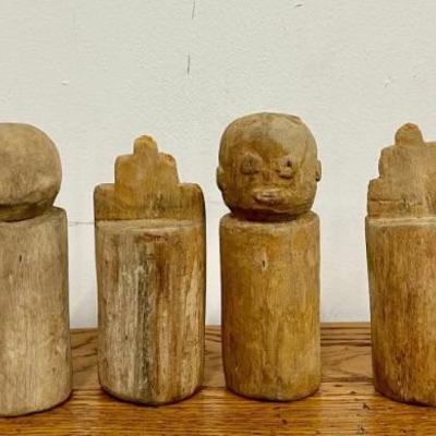 (6) Vintage Hand Carved Hollow Wood Candle Snuffer Mud Face Aztec And More