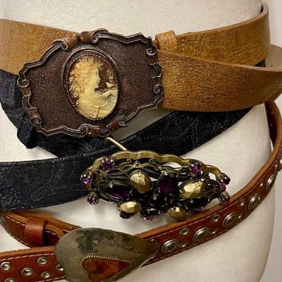 (2) Vintage Chicos Belts - (1) Heart, (1) Purple Stones - And A Streets Ahead Leather Cameo Buckle Belt