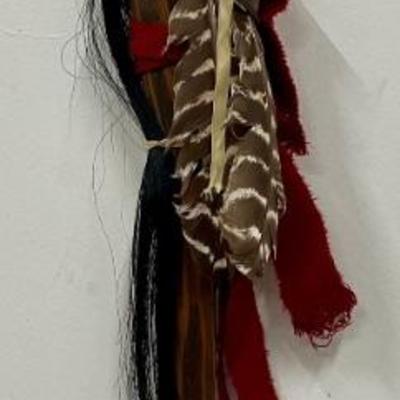 Hand Carved 28" Hide And Seed Bead Wrapped Horse With Feathers And Metal Beads