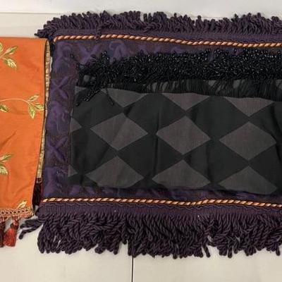 (3) Decorative Orange, Purple, And Black Table Runners With Fringe And Tassels
