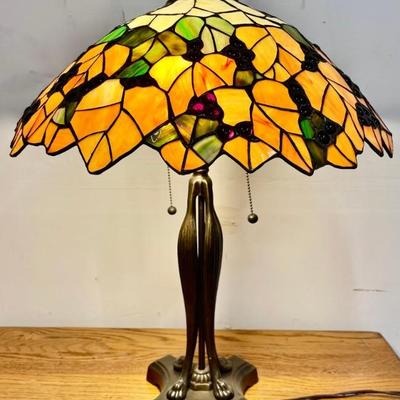 Bronze Metal Double Pull Lamp With Stained Glass Grape Motif Shade