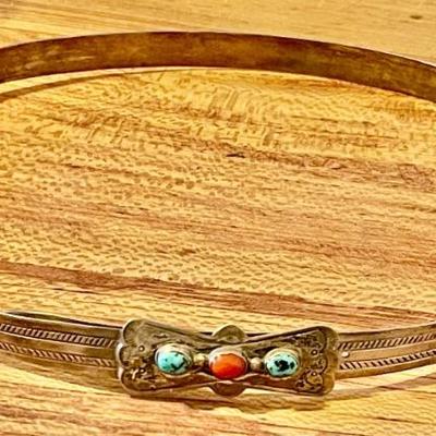 Navajo Vintage Sterling Silver - Turquoise & Coral Adjustable Size Solid Silver Hat Band - Weight 74.12 Grams