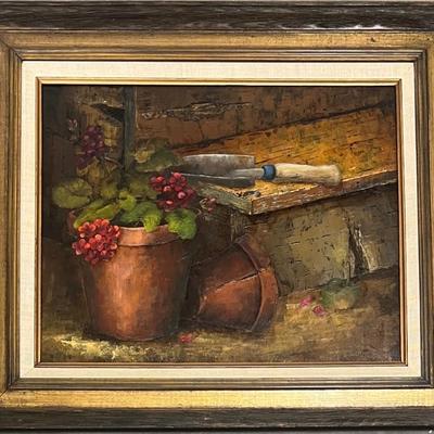 Original Jeanne Gentry Keck Signed Garden Still Life In Vintage Custom Wood Frame