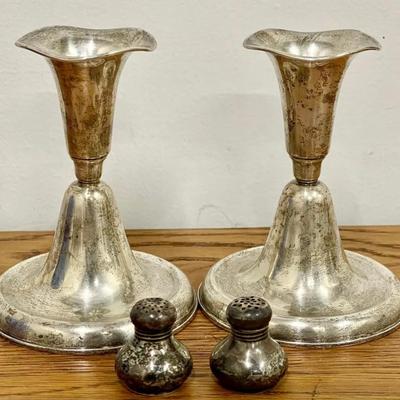 Pair Of International Sterling Silver Candle Holders With Weighted Base And Sterling Wallace Miniature Shakers