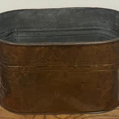 Antique Solid Copper Basin With Hand Made Material Seat Top And Original Wood Handles