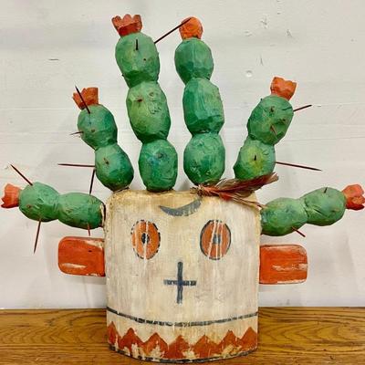 Vintage Folk Art Wood Cactus Head Ohagan Tres Pedra New Mexico (as Is)
