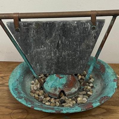 Vintage Solid Copper Table Top Fountain Basin With Stone Back Drop 