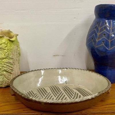 (3) Pieces Of Studio Pottery - 1994 Lettuce Vase, Shannon Payne, Oval Baking Dish
