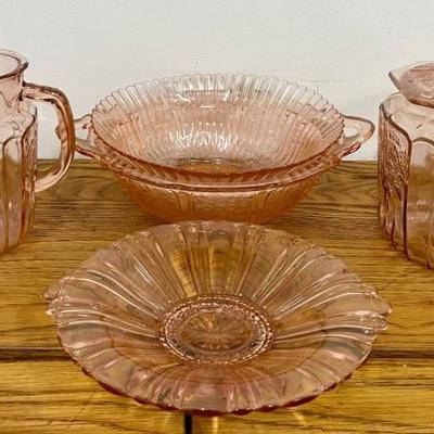 Assorted Pink Depression Glass - Bowls, Pitcher, Ginger Jar, And Glasses