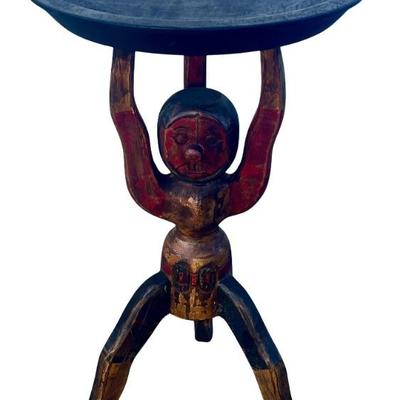 Vintage Indonesia Hand Carved And Painted Folk Art Side Table