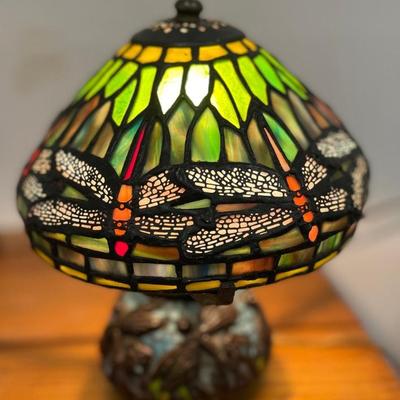 Vintage 9" Stained Glass Dragonfly Table Lamp