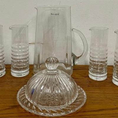 Menagerie Glass Pitcher, Schott Cristal Glasses, And Clear  Butter Dish