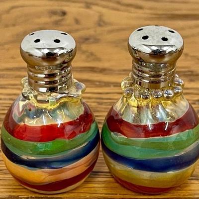 Pair Of Hand Blown Opalescent Art Glass Striped Salt And Pepper Shakers