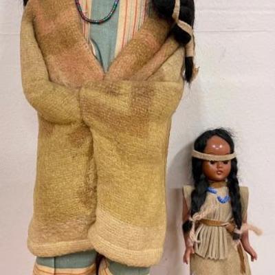 Antique Skookum Native American Doll With Wooden Legs, Plastic Native American Doll With Leather Dress