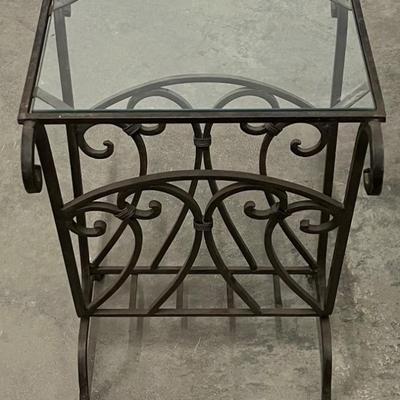 Vintage Heavy Wrought Iron Magazine Rack Side Table With Glass Top