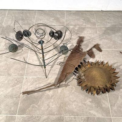 (3pc) MIXED METAL SCULPTURE | cups; an iron amorphous section of sculpture with oxidation; plus a yellow finish metal sunflower. - dia....