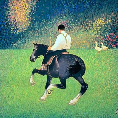 CW GICLEE | Pointillist equestrian scene signed in the print with initials "CW" lower right. - h. 16 x w. 17.5 in (canvas, flat)