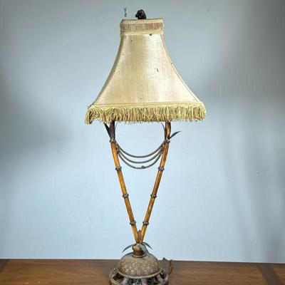 FAUX BAMBOO MONKEY LAMP | Monkey finial table lamp with fringed shade. - h. 36 x w. 15 x d. 11 in (over shade)

