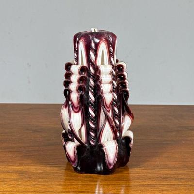 Carved Ribbon Candle | Mid-century modern purple and white marbled sculpted candle. - h. 7 x dia. 4 in