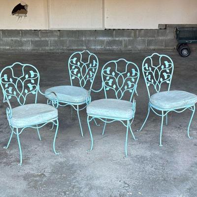 (5pc) MID-CENTURY VINEY CAST IRON PATIO FURNITURE | Outdoor patio dining suite, including two armchairs, two side chairs, and rectangular...