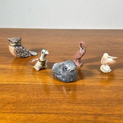(5pc) Bird Figures | Including a signed Danish style pottery bird, a Canadian carved bird, a shell bird, a carved red stone bird marked...