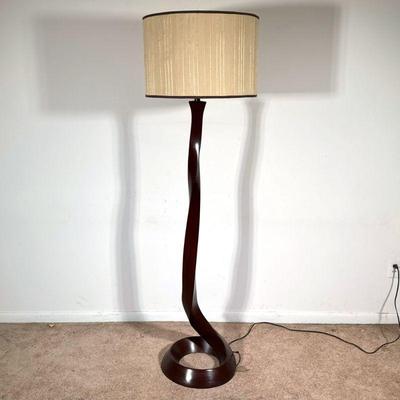 PALECEK MODERNIST FLOOR LAMP | With nicely figured curved wood column base; base dia. 16 in. - h. 67.75 x dia. 20 in (overall with shade)

