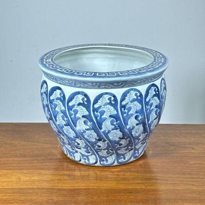 BLUE & WHITE CERAMIC JARDINIERE | Blue and white glazed pottery planter with key patterned rim. - h. 9.5 x dia. 13 in

