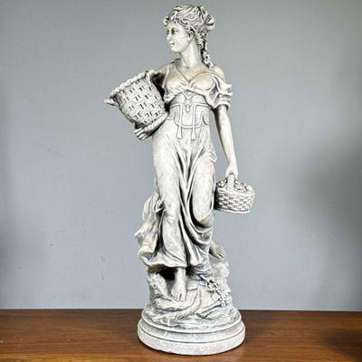 Marwal Chalkware Statue | Classical female figure with baskets. - h. 27.5 x w. 14 in