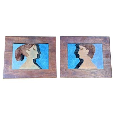 (2pc) Pair Mid-century Enameled Plaques | Two profile portraits in enamel on copper; each panel 5.5 x 7.5 in., no apparent signature. -...