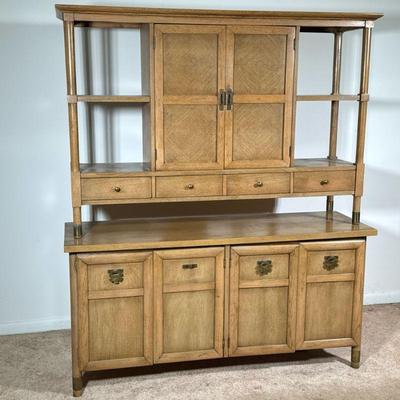 Mid-century Cabinet Etagere | Sideboard / China cabinet with an upper section of open shelves flanking double cabinet doors over three...