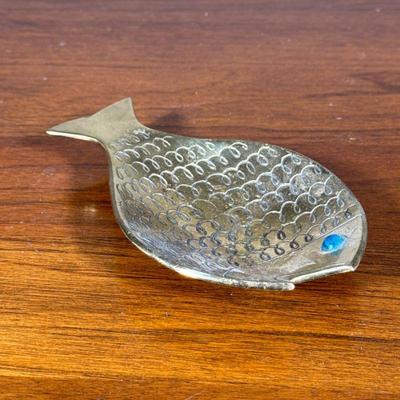 Israeli Brass Fish Dish | Small brass fish form fish with turquoise eye, marked on the bottom. - l. 6.25 in