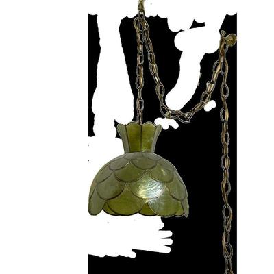 RETRO MICA SCALE HANGING FIXTURE | Mid-century modern hanging ceiling light fixture in a green scale-form design. - h. 9 x dia. 10 in