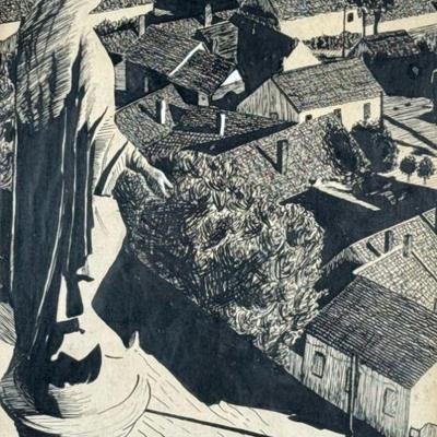 Monochrome Artwork | Pen & ink drawing or etching, no apparent signature. Sight 13.25 x 9.5 in. - h. 18.25 x w. 14.25 in (frame)